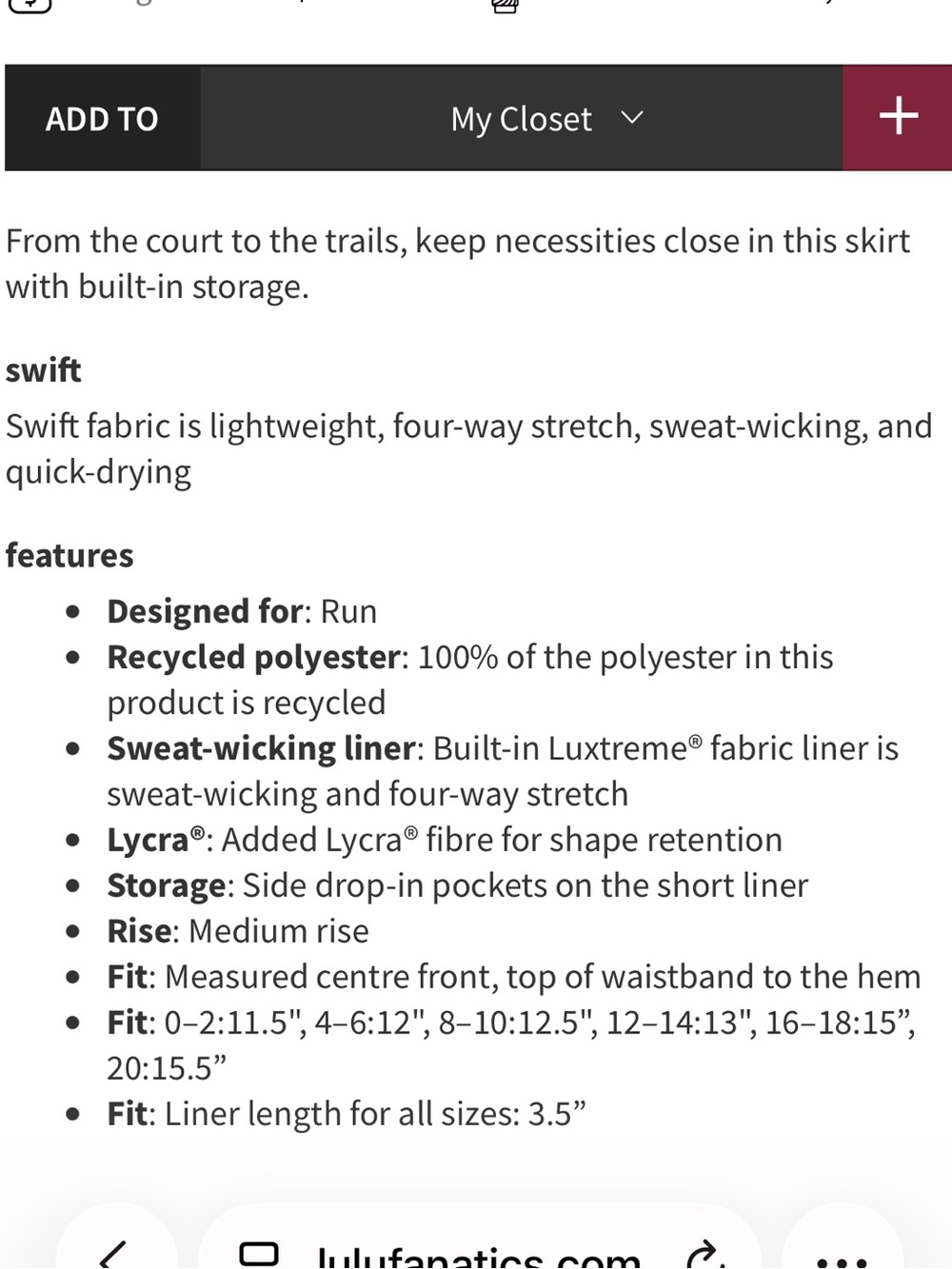 Lululemon Pace Rival Skirt, size 14 - Picture 7 of 16